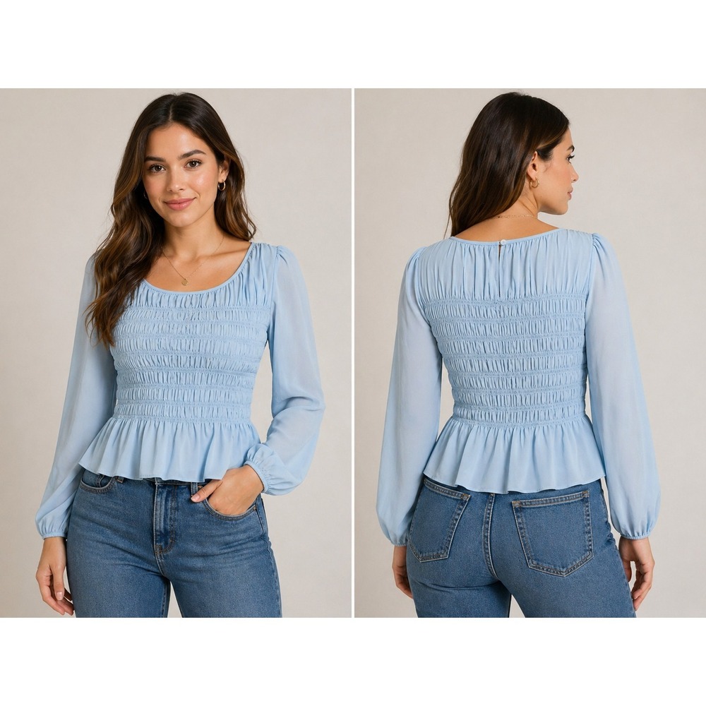 Ann Taylor Blouse Top Women's L Blue Polyester Smocked Summer Peplum Hem Travel